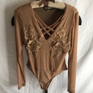 Cute Top Chic Nude Embellished Mesh Body Suit.